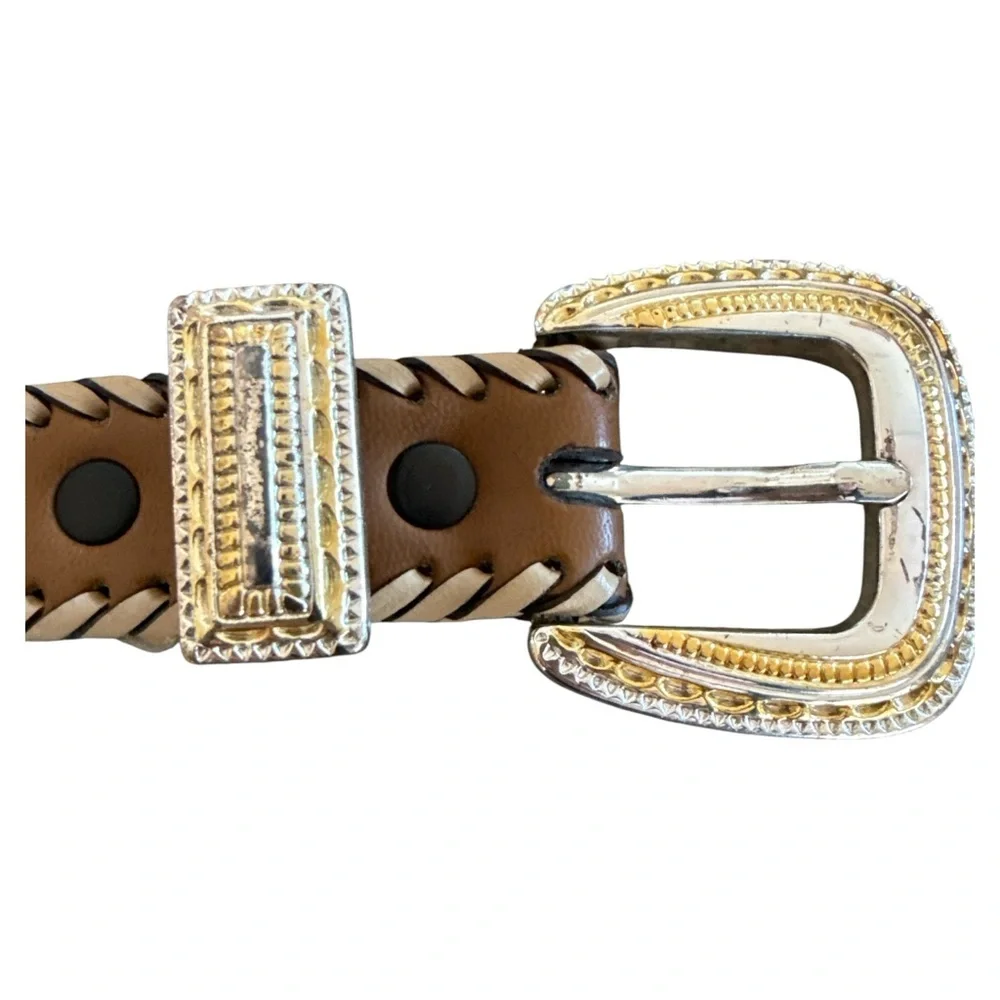 Womens Western Brown Leather Belt Small Concho Braided Laced Rhinestones Cowgirl